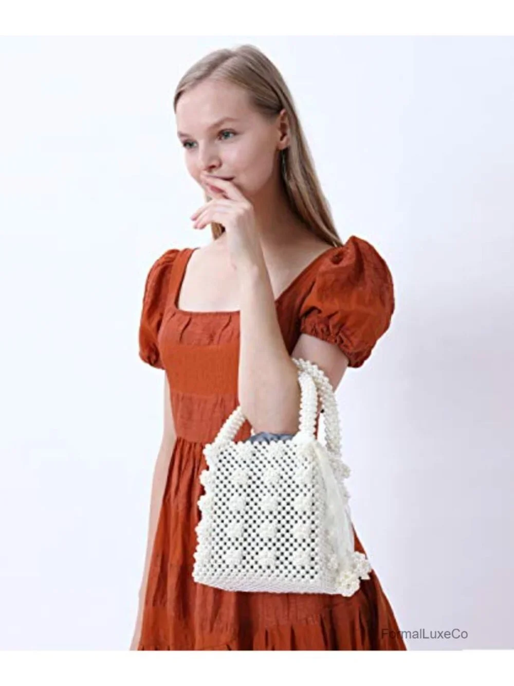 Handmade Beaded Tote Bag Faux Pearl Crystal Evening Purse